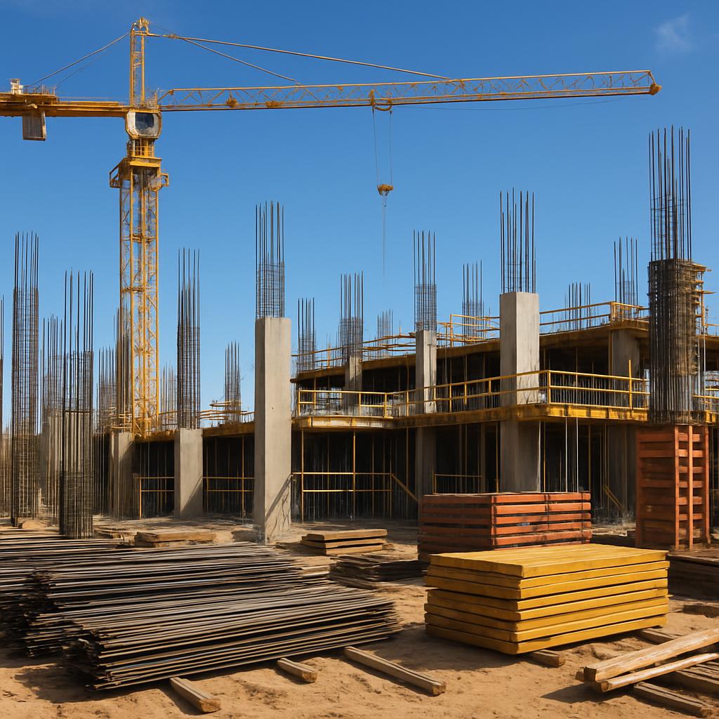 A construction site featuring a yellow crane, rebar, wooden planks, and concrete pillars.
