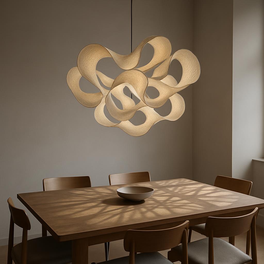 Alternative text: A modern dining room with a unique, curved wooden chandelier suspended over a rectangular wooden table, ...