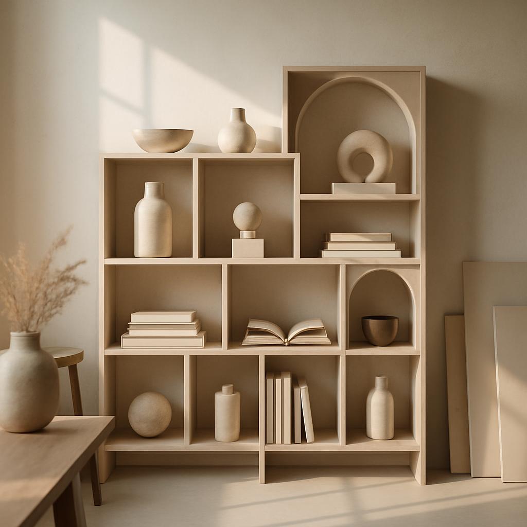 A beige bookshelf with various objects, featuring books and vases, set against a beige wall in a well-lit room.