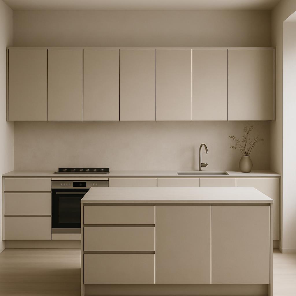 Light-toned, modern kitchen with minimalist design featuring beige cabinets and white countertop, stripped of any decorati...