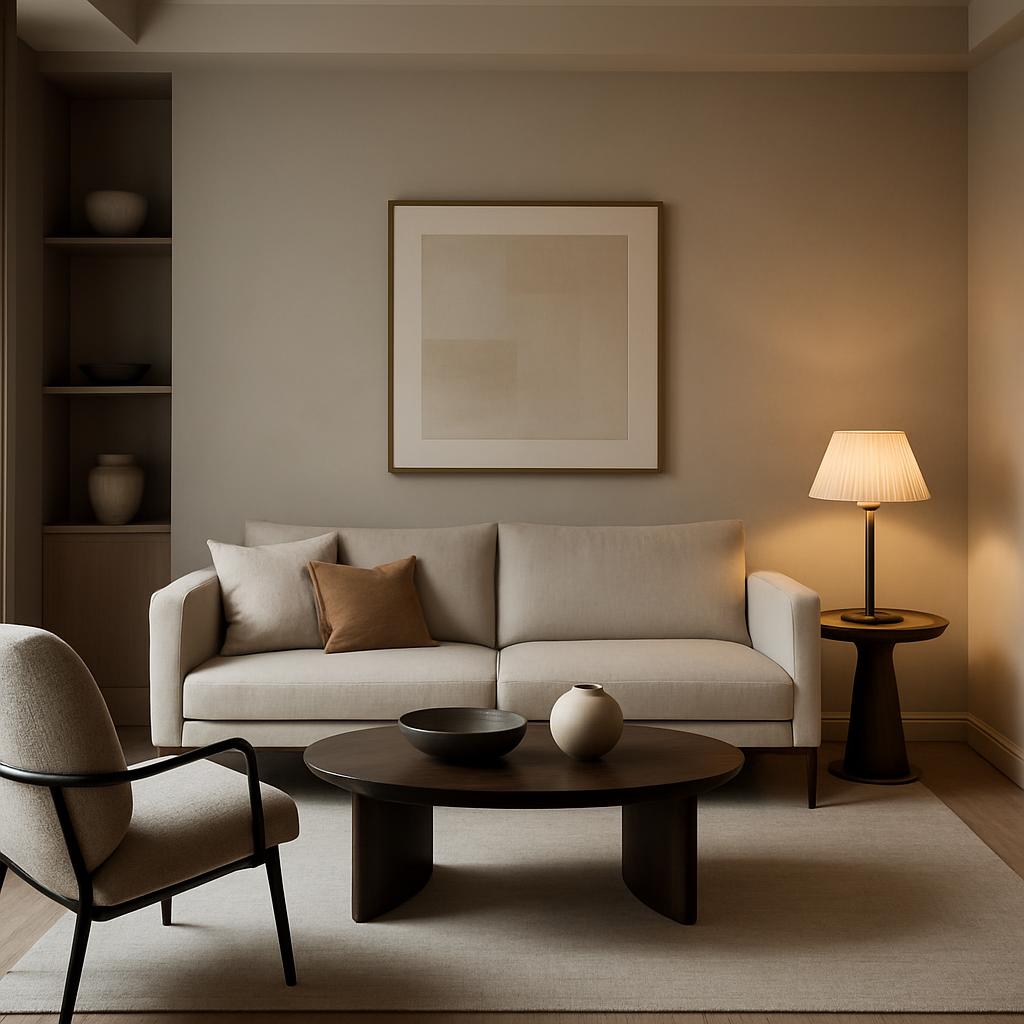 Neutral living room with beige couch and table, hardwood floor, minimalist home decor, modern minimalist interior.